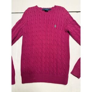 Ralph Lauren Sport Magenta Pink Cable Knit Cotton Sweater Green Pony Logo Large